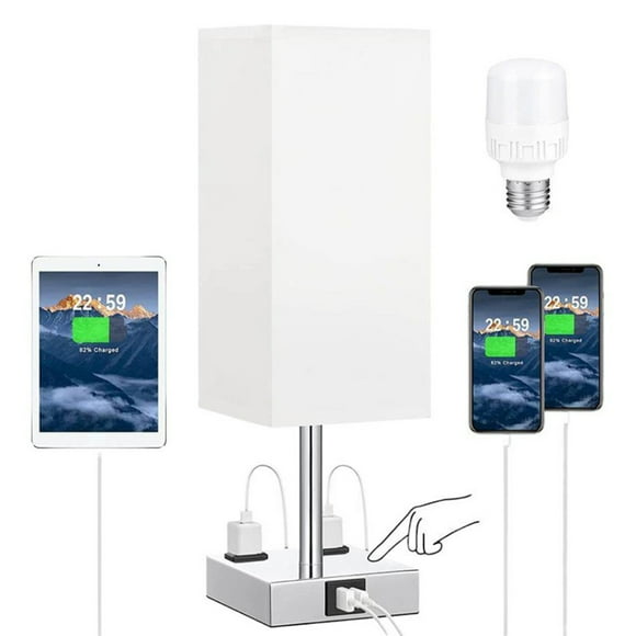 Fabric Bedside Table Lamp Nightstand Lamp with Warm White LED Bulb Desk Light Touch Control USB A Type-C Charging Ports 2 Power Sockets 3 Levels Dimmable for Living Room Bedroom Study Room Cafe Shop