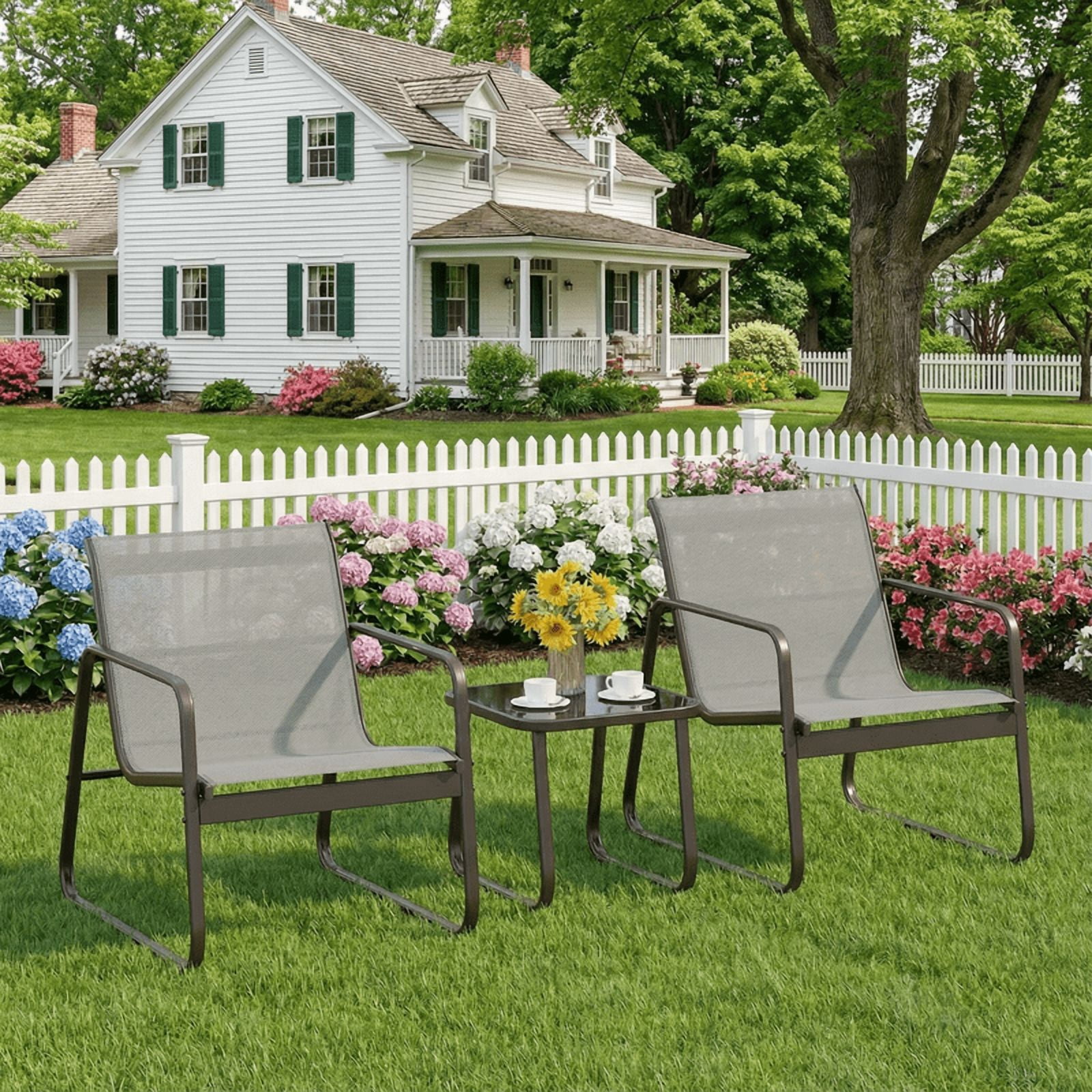 3-Piece Outdoor Patio Furniture Set, Modern Textilene Conversation Set with Coffee Table, All-Weather Bistro Set for Lawn, Balcony, Backyard, and Porch, Gray