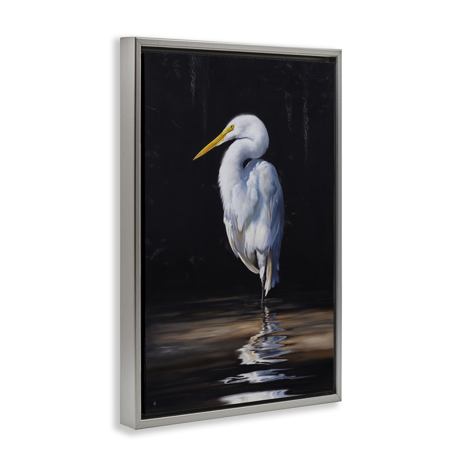Stupell Industries Balancing Egret Bird Animals Painting Gray Floater Framed Canvas Art Print Wall Art, 21 x 31