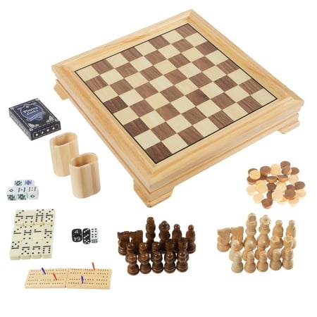 Deluxe 7-in-1 Classic Board Games Set With Chess Board, Backgammon, Dominos, Checkers, Dice Set, Cribbage Board, and Card Games