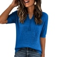 thumbnail image 2 of Garbnen Ribbed Shirts for Women Knitted V Neck Button Half Sleeve T Shirts for Women Fitted Spring Stretch Basic Sweater Tunic Tops for Women Blue L, 2 of 5