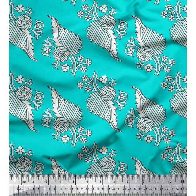 Soimoi Polyester Crepe Fabric Leaves & Floral Block Print Fabric by The Yard 42 Inch Wide