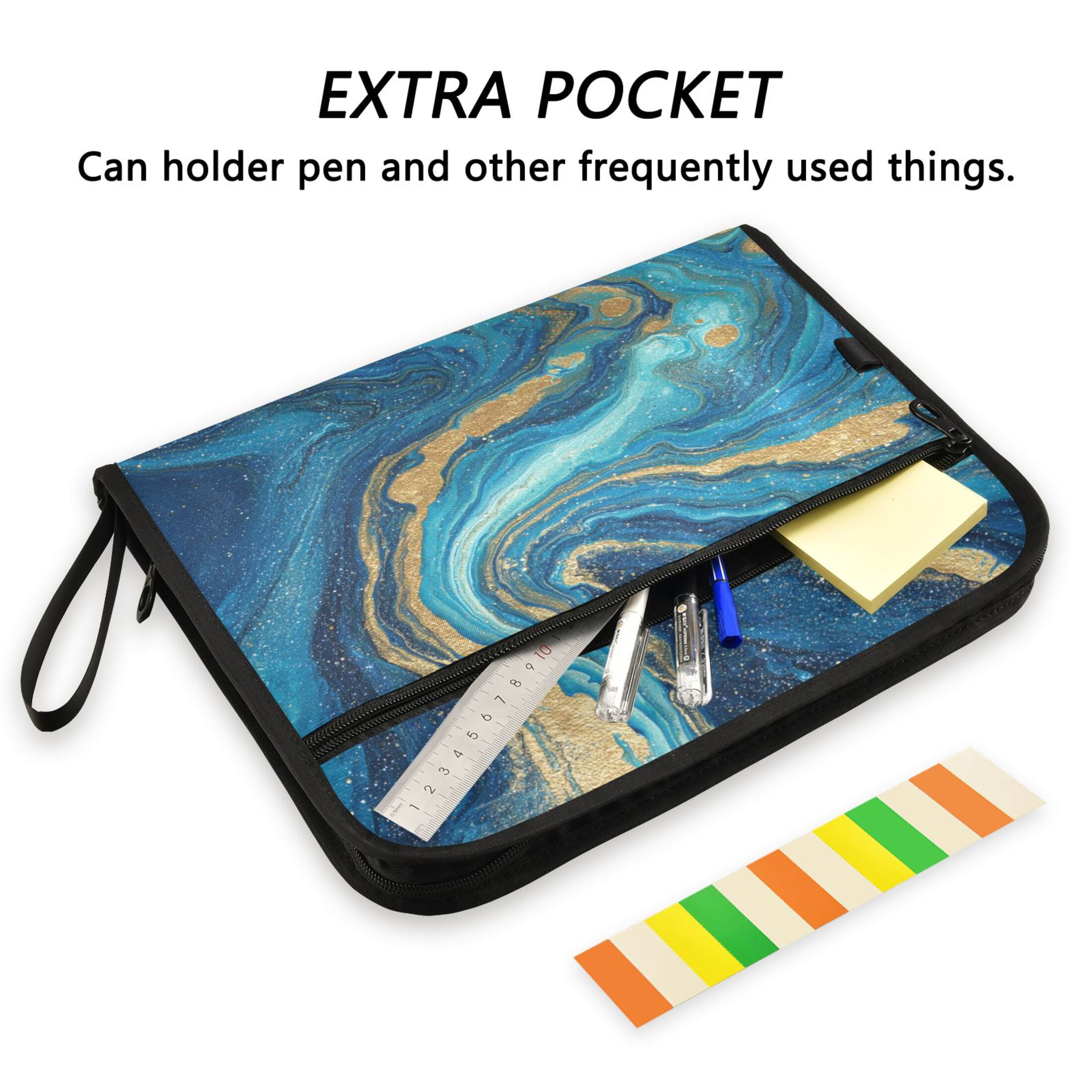 Accordion File Organizer with Zip Closure 13 Pockets Expanding File Folder Letter A4 Paper Document Organizer for Home Office Blue and Gold Ocean