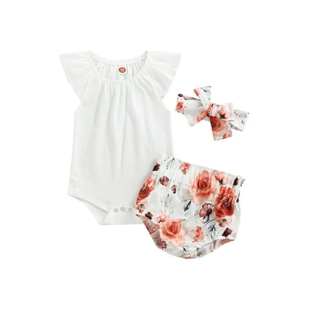 

Suanret Infants Baby Girls 3PCS Romper Suit Newborn Sleeveless Crew Plain Snap Jumpsuit Roses Short Triangle Pants Bow Headband White 12-18 Months