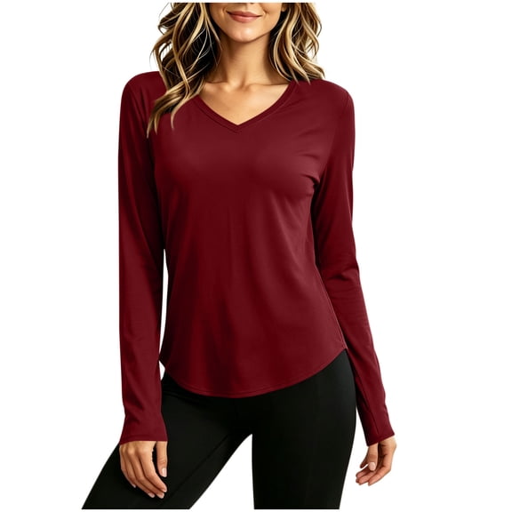 QIYAGBSA Long Sleeve Tops for Women V Neck Stretch Basic Tee Casual T Shirts Breathable for Fall Everyday Wear