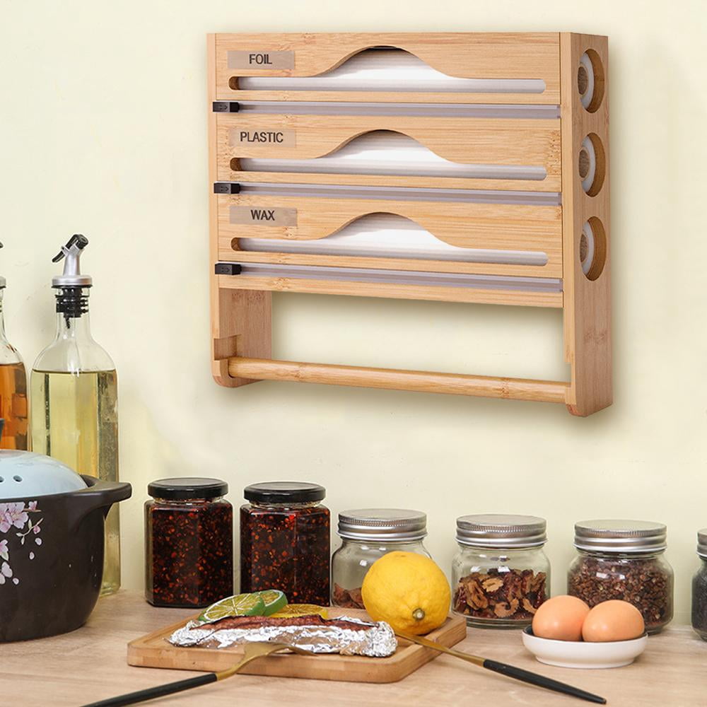 Pekkaxy Bamboo Cling Film Dispenser, 14.24 x 11.70 x 2.93 in, 3-Slot Organizer with Paper Towel Holder, for Efficient Kitchen Food Wrap and Meal Prep