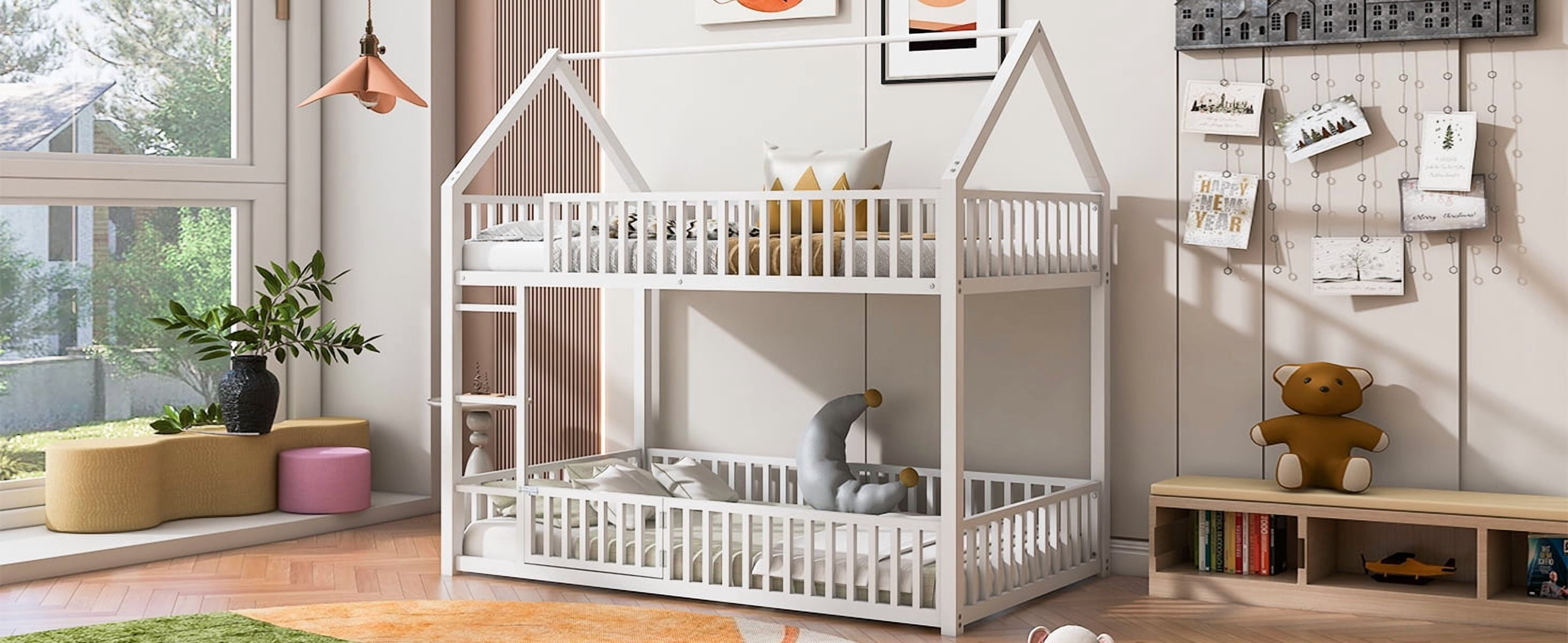 MAYEERTY Metal Twin over Twin House Bunk Bed with Fence and Door, White