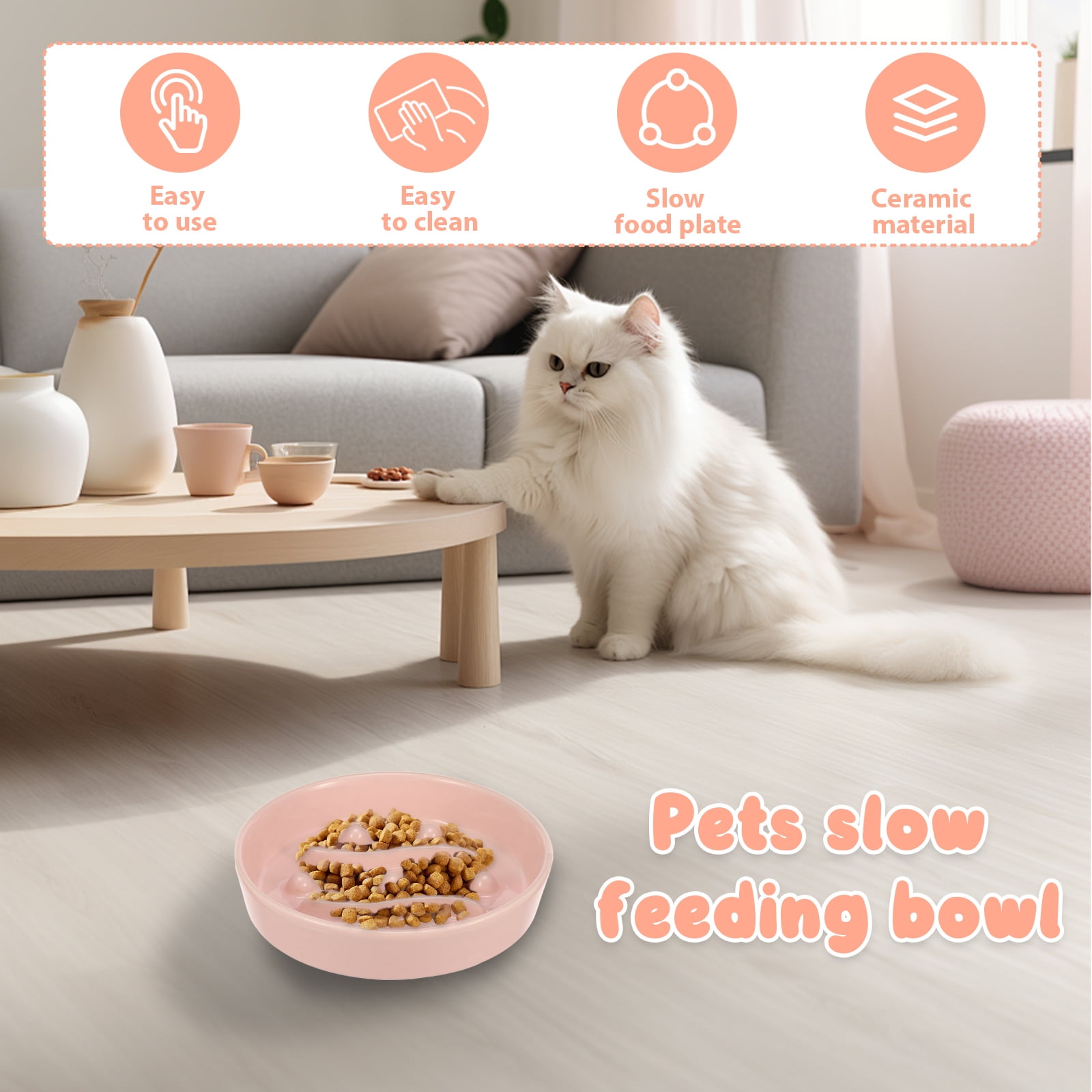 Threns 2 Pcs Practical Cat Slow Feeder Bowl Smooth Ceramic Cat Food Bowl Slow Feeder with Nonslip Bottom for Kitten Puppy Small Pet