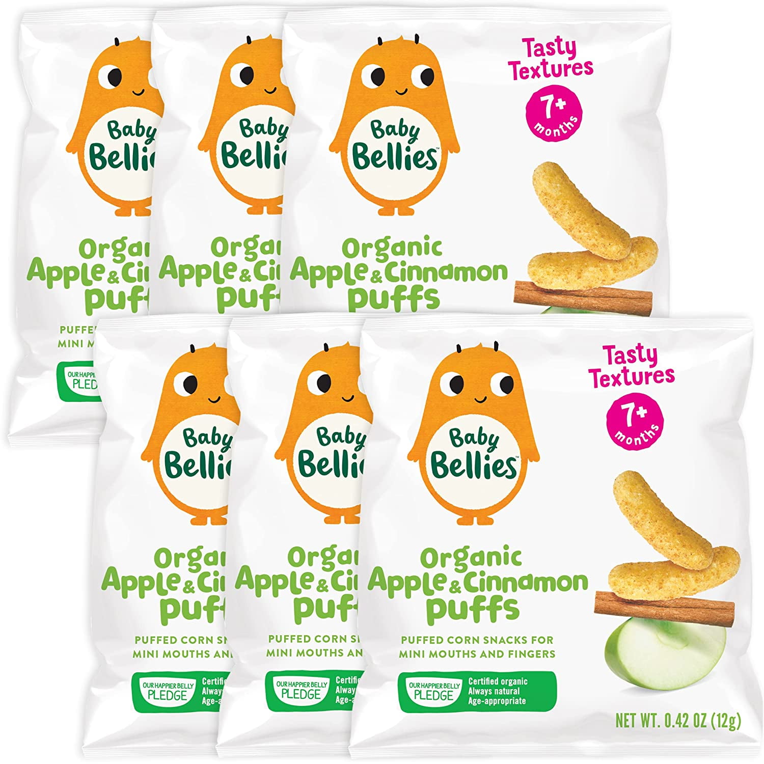 Little Bellies Organic Puffs Baby Snack, Apple & Cinnamon, Pack of 6 Individual Snack Packs, 0.42 Ounce (Pack of 6)