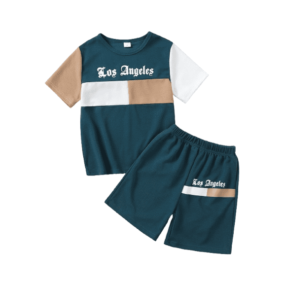 PureChapter Boys Colorblock Gothic Letter Print T-shirt and Shorts Outfit Set 2Pcs Summer Clothing