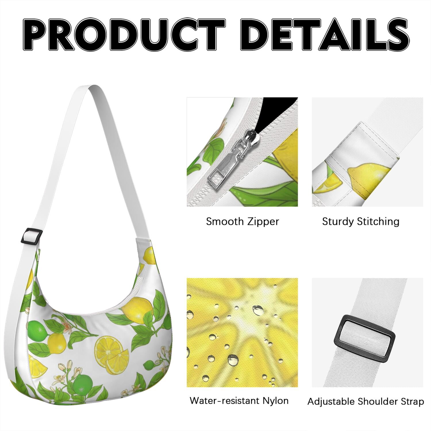 Lemon Lover Shoulder Bag for Women, Yellow Fruit Print Lightweight Crossbody Purse, Modern Summer Hobo Tote, Water-Resistant Nylon Handbag with Spacious Interior