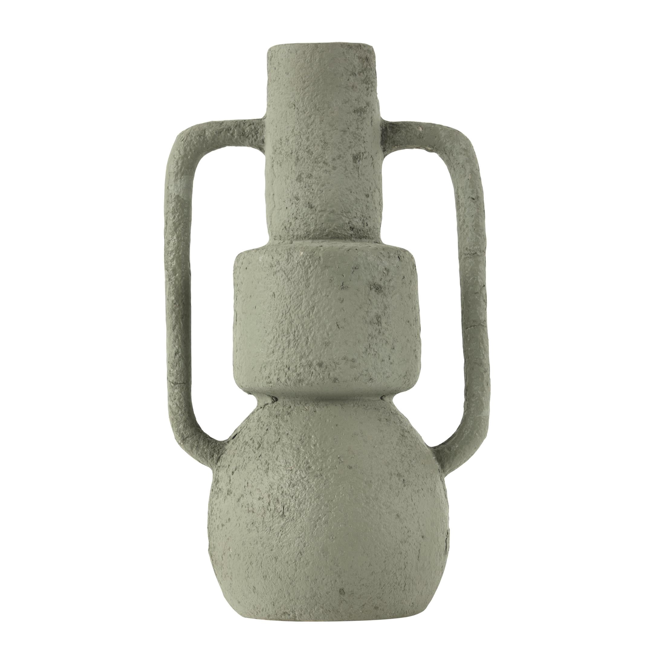 DecMode 16" Abstract Textured Light Gray Paper Mache Vase with Squared Handles
