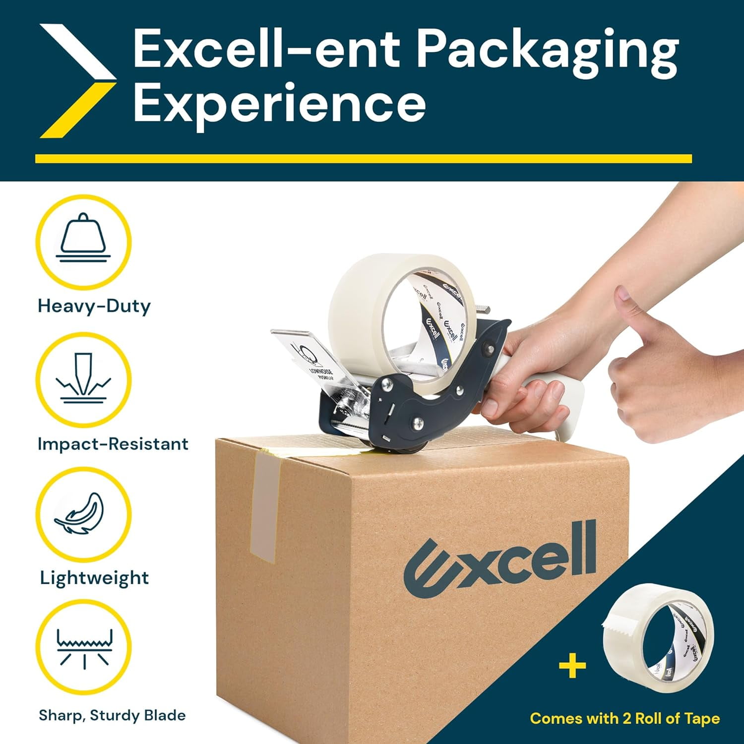 Excell Low Noise Packing Tape Dispenser, Tape Gun Fit 2 Inch Wide Tape 3 Inch Core for Carton, Packaging and Box Sealing - 2Pack