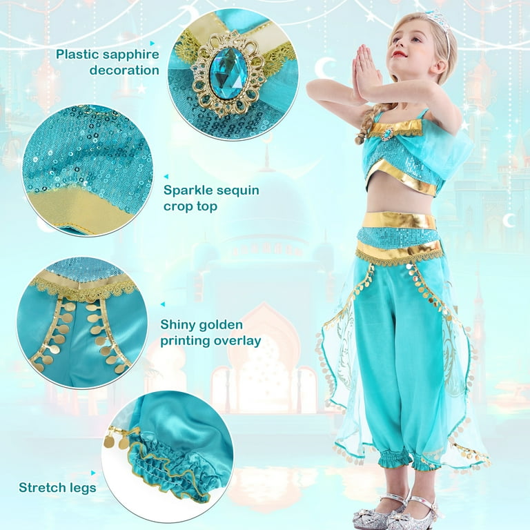 Jurebecia Jasmine Princess Dress for Girls, Blue Sequined Cosplay Costume  with Accessories - Walmart.com