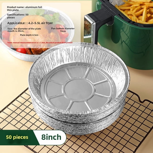 50-Pack 8 Inch Deep Disposable Aluminum Foil Trays for Home Use - Non-Stick, Oil-Proof, Food-Grade Baking/Grilling Pans with Grease-Resistant Design for Easy Cleanup in Oven & Air Fryer