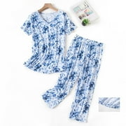 Yoodem Pajamas for Women Pj Sets for Woman Summer Round Neck Suit Pajamas Short Sleeve Long Pants Pajama Set