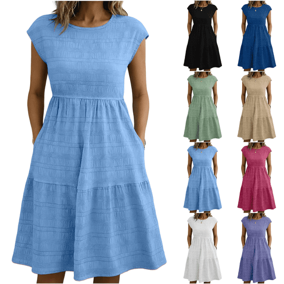 Summer Dresses for Women Casual V Neck Sleeveless A Line Midi Dress Solid Color Flowy Vacation Sundress S-2XL