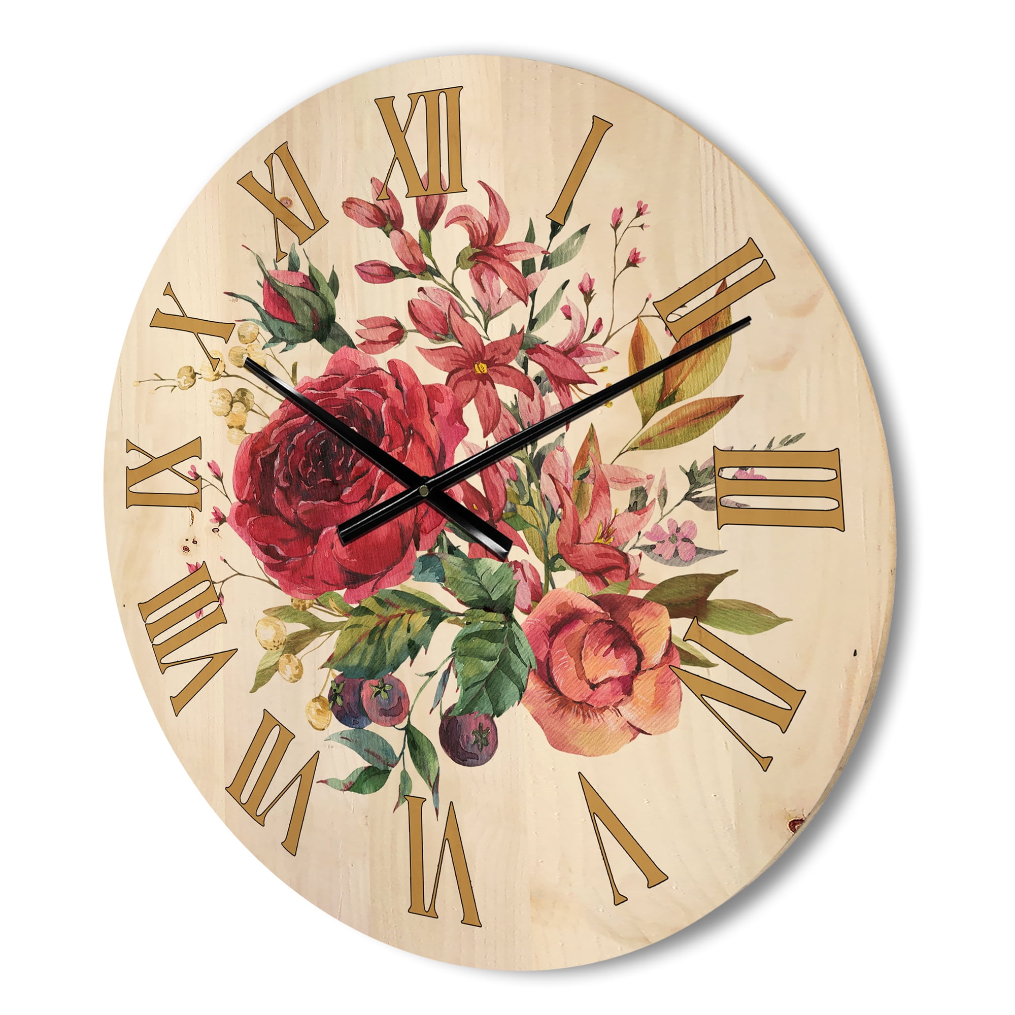 Designart 'Ancient Wildflowers and Burgundy Rose' Farmhouse Wood Wall Clock