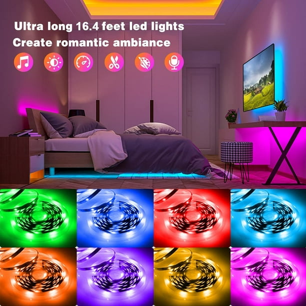 Bande lumineuse LED pour chambre à coucher, bande lumineuse LED RVB  intelligente de 16,4 pieds/5 m avec Bluetooth et télécommande Bandes  lumineuses LED synchronisées avec la musique 