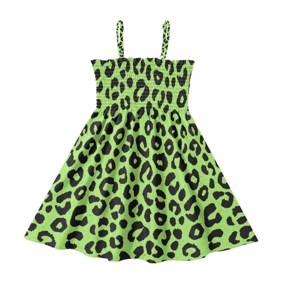 Little Girls Sleeveless Sundress Pleated Ruffle Trim Smocked Top Casual Spaghetti Strap Summer Dress Neon Green Leopard Print 2Y