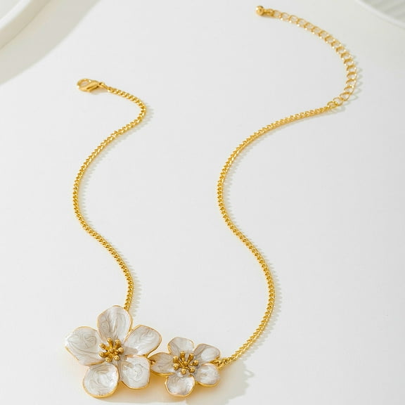 Women's Enamel Flower Pendant Necklace with Gold Chain - White
