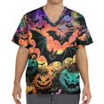 thumbnail image 4 of Men's Halloween Scrub Tops V-Neck Short Sleeve Bat and Star Print Medical Uniform with Chest Pocket and Front Patch Pockets Comfortable Workwear Saffron 5XL, 4 of 4