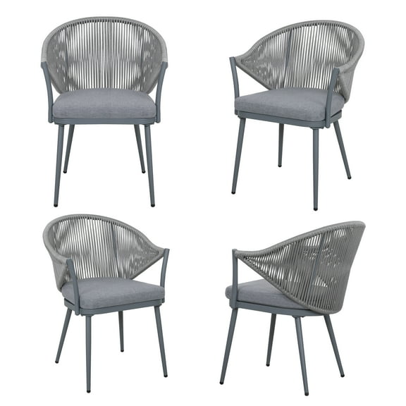 Nuu Garden Outdoor Aluminum Chair Set of 4 Woven Rope Conversation Chairs with Seat Cushions, Dark Gray Color