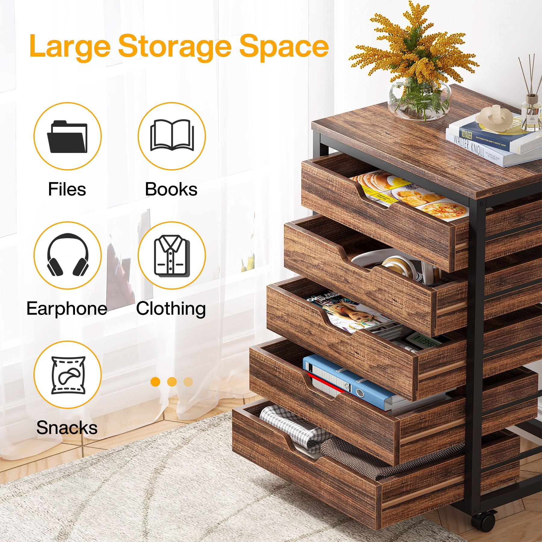 Tribesigns Industrial 5-Drawer File Cabinet, Wooden Mobile Lateral Filing Cabinet with Storage Drawers and Wheels for Home Office, Rustic Walnut
