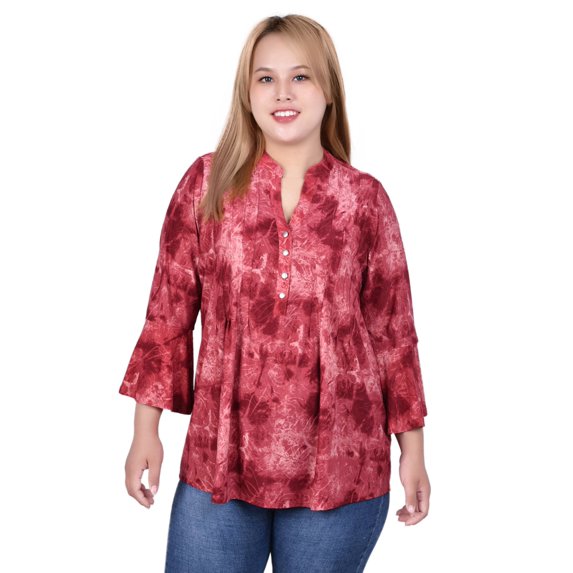 3/4 Bell Sleeve Pleat Front Y Neck