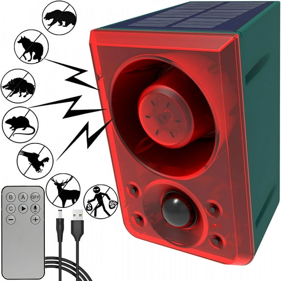 GJX Solar Outdoor Motion Sensor Alarm Dog Barking and Gunshot Sound 130db Motion Detector Alarm Light with Remote Control