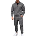 thumbnail image 2 of Men's Winter 2-Piece Set, Quarter-Zip Stand Collar Fleece Sweatshirt with Multi Pockets and Cargo Jogger Pants, Casual Workwear For Cold Weather,Dark Gray,L, 2 of 9