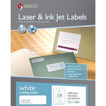 Maco Laserink Jet White Address Labels, 113 X 4 Inches, 14 Per Sheet, 1400 Per Box Ml1400