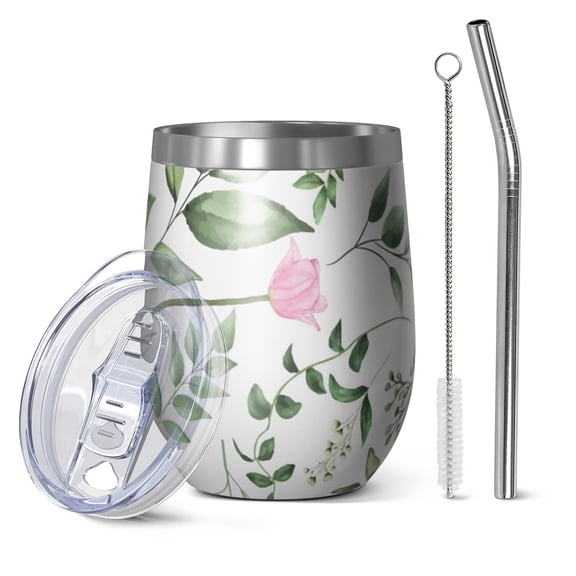Floral 12oz Stainless Steel Insulated Wine Tumbler with Lid and Straw – Double Wall Vacuum Mug for Hot & Cold Drinks, 304 Steel Interior, Sweat-Free Design,Thanksgiving,Christmas, Spring,Flower