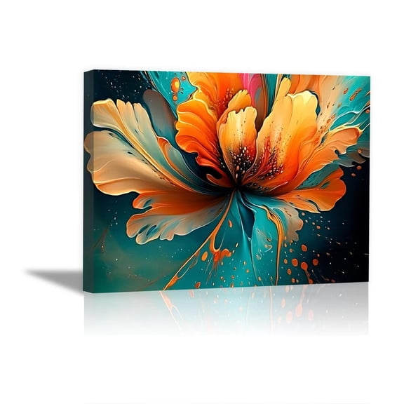 Mudket Framed Canvas Wall Art, Abstract Orange Teal Fluid Floral Wall Decor, Modern Waterproof Ready to Hang Art Prints for Living Room Bedroom Bathroom Office Home Decor - 12"L x 8"W