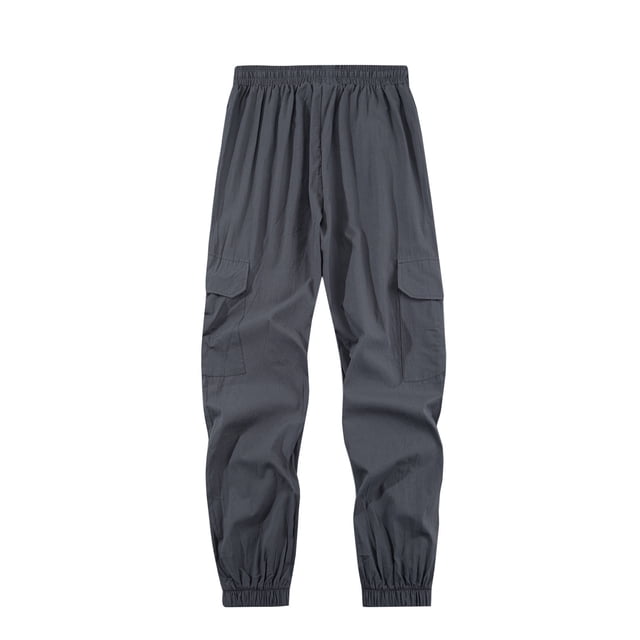 FcBaudy Full Length Pants Man Solid Color Linen Multi-pocket Tether Binding Leg Trousers Man Polyester Trousers