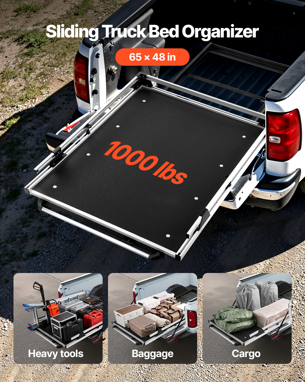 VEVOR Sliding Truck Bed Organizer, 65 x 48-Inch Heavy Duty Truck Bed Storage Drawer with 1000 lbs Capacity, Features 6 Movable Rings for Securing, 2-Postion Slide out Tray for Pickup Trucks, Black