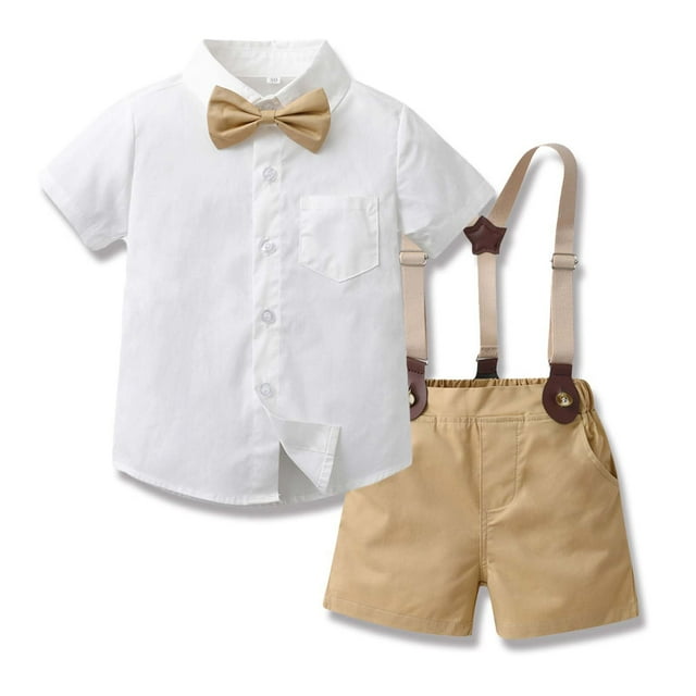 EGNMCR Short Sleeve Round-Neck Blouses & Shirts Sets Boys Spring Short Sleeve Top&Strap Shorts Suit Outfit For Baby Toldders Solid Color, Photography Performance Set Women Blouse