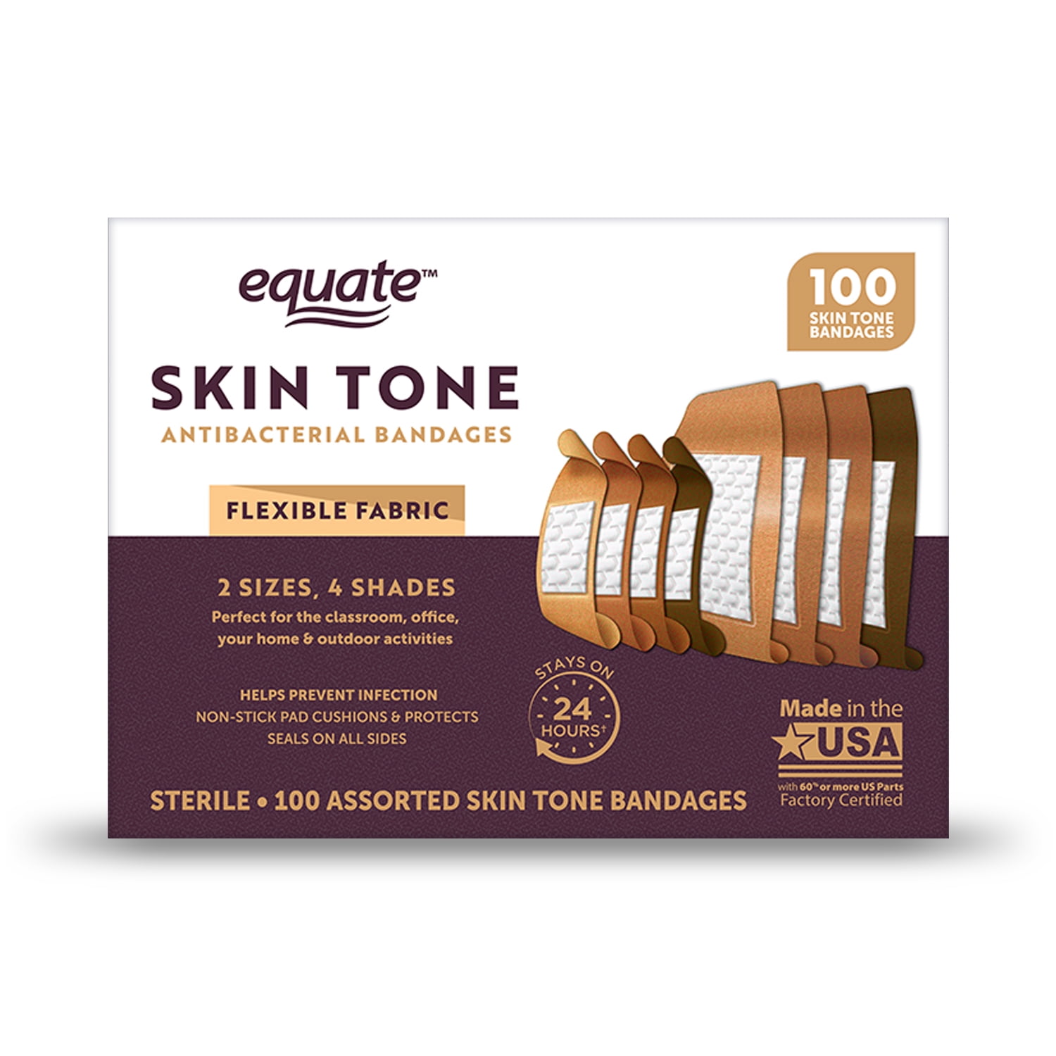 (3 pack) Equate Skin Tone Flexible Fabric Antibacterial Bandages, 100 Count