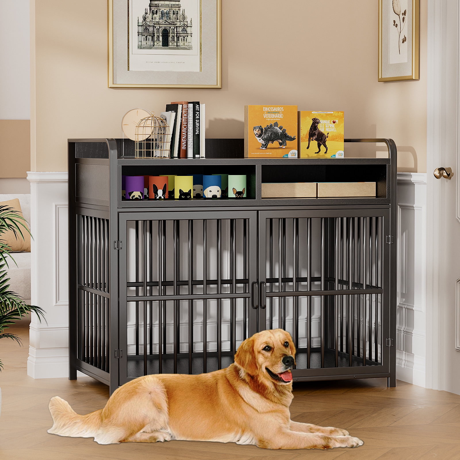 ModFurne Large Dog Crate Furniture with Drawers Storage, Puppy Dog Kennel Indoor with Double Doors, Black
