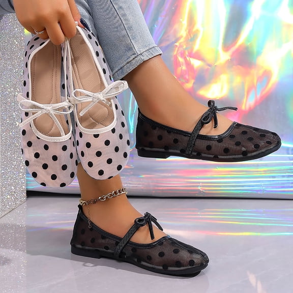 WAVSUF Ballet Flats for Womens Polka Dots Spring and Summer Round Toe Casual Comfort Dating Shoes Black 9