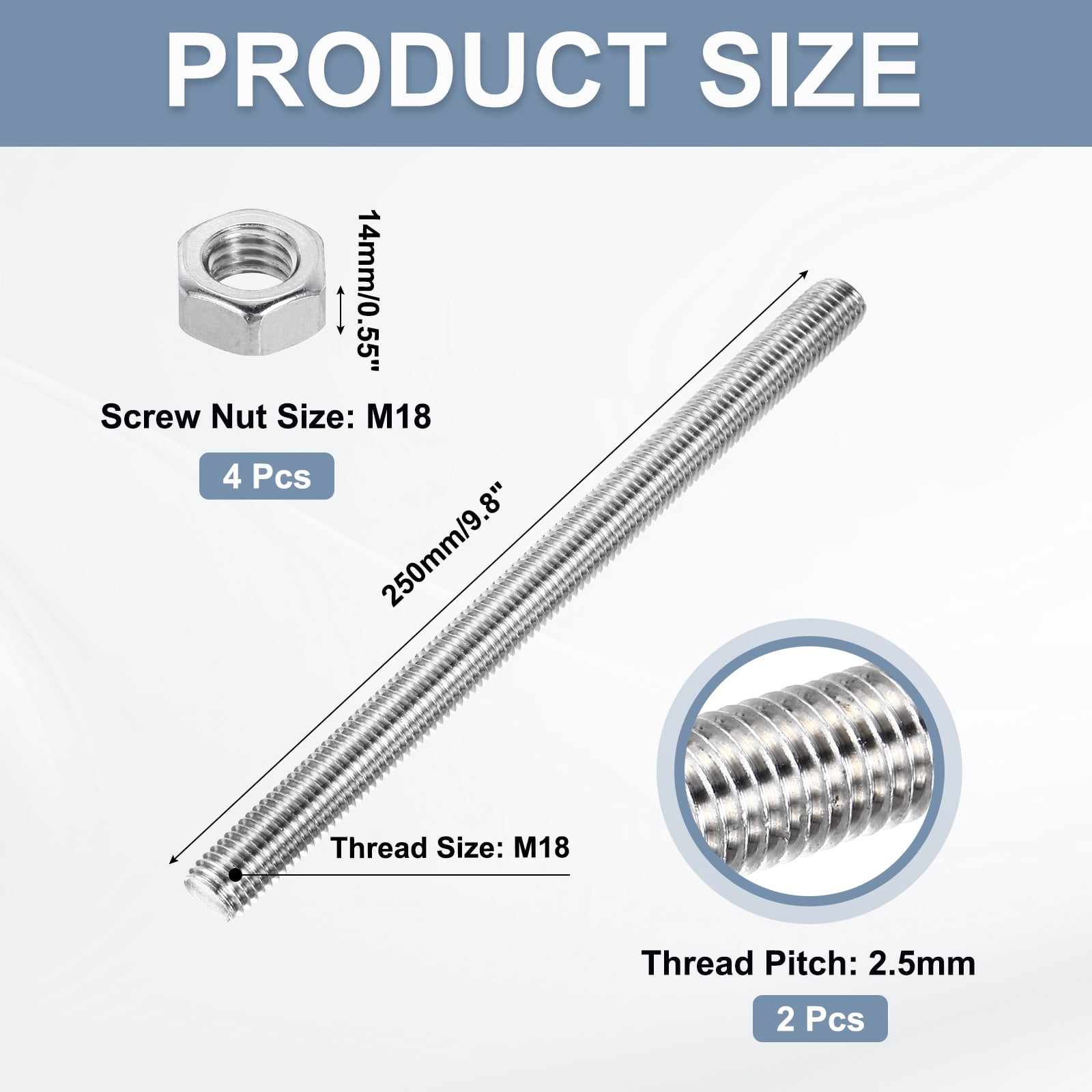 Uxcell Fully Threaded Rod M18 x 250 2.5mm Pitch 304 Stainless Steel With Screw Nut 2Pcs