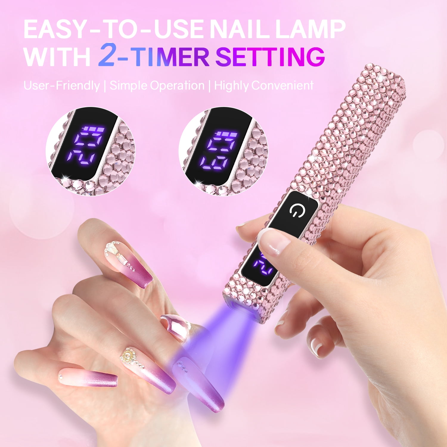 PRYZUNA Mini Crystal LED UV Nail Lamp – Portable Gel Polish Dryer with Touch Timer, USB-C Rechargeable Design with Rhinestone Finish