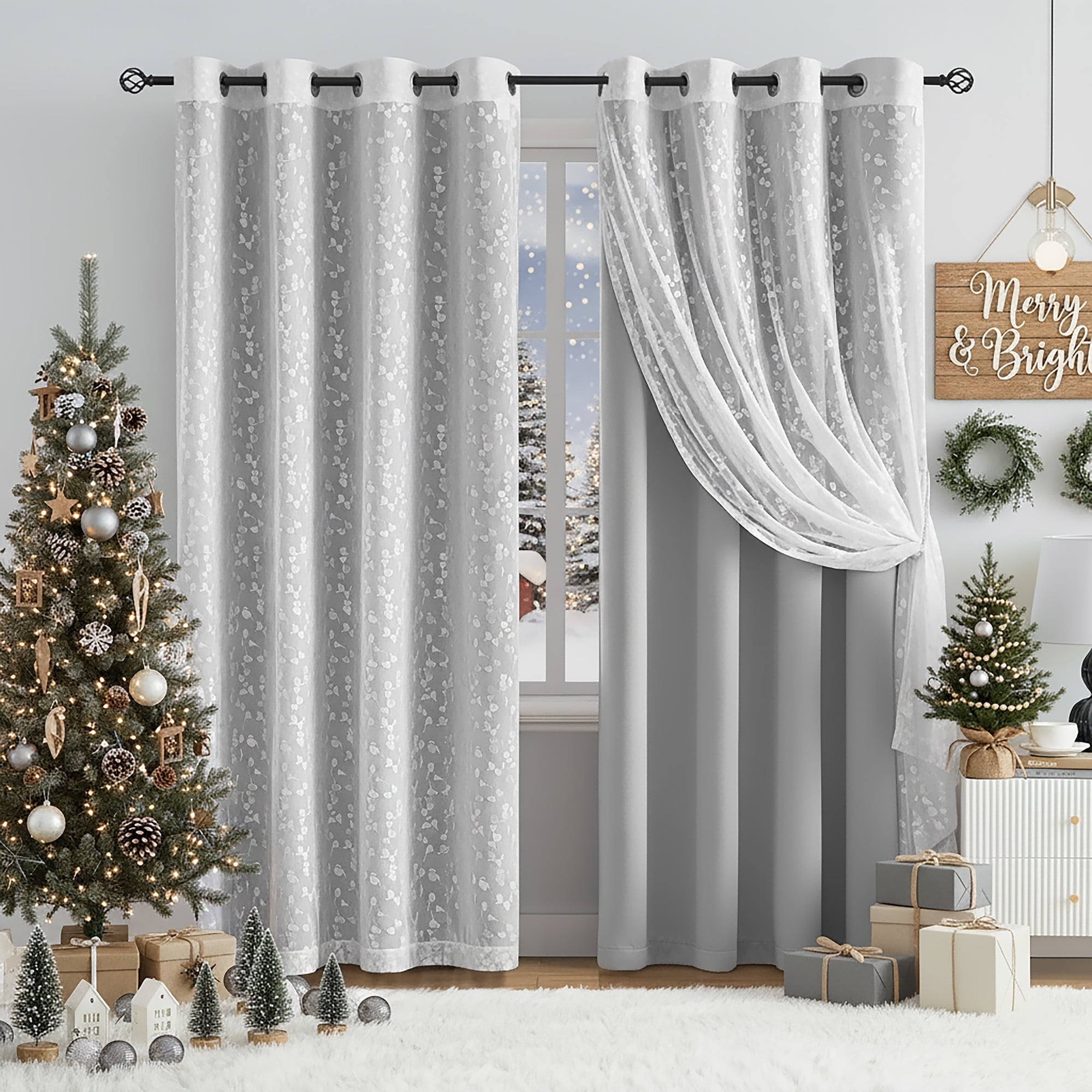Flowpartex Gray White Mix Matched Full Blackout Curtains with Lace Leaf Sheer 4 Window Sheer Panels for Modern Bedroon Living Room Decor, 52" W x 95" L