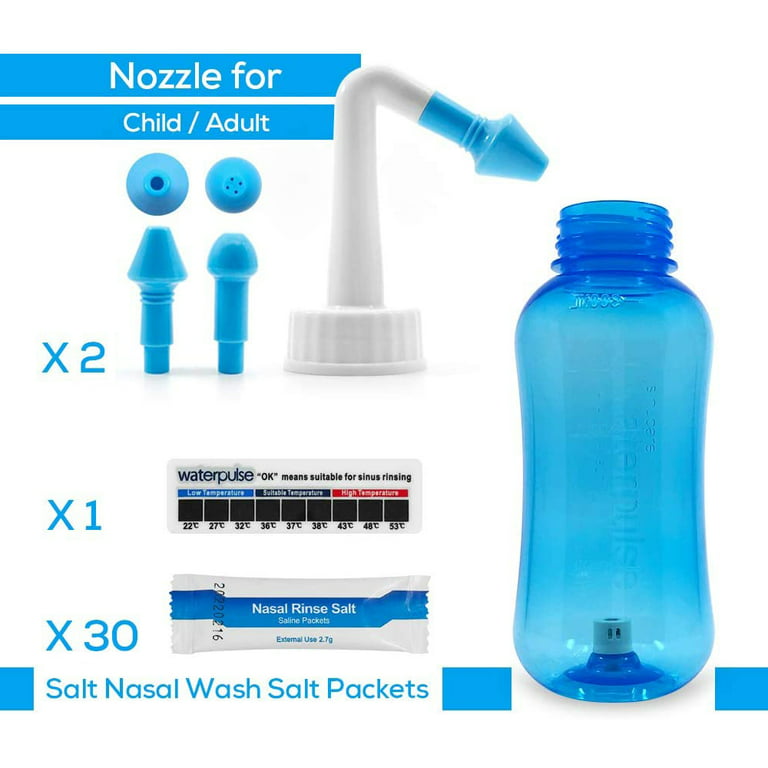 Sinus Rinse, 300ml Neti Pot Sinus Rinse Kit con 30 paquetes de sal de lavado  nasal y pegatina de termómetro, kit de enjuague nasal para senos  paranasales para adultos y Niño (300ml)