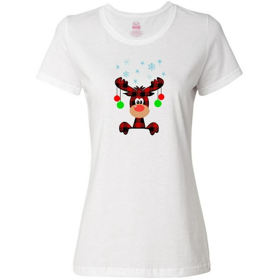Inktastic Cute Flannel Reindeer with Christmas Bulbs and Snowflakes Women's T-Shirt