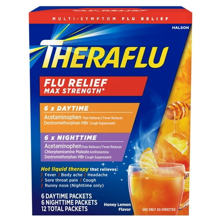 Theraflu Max Strength Cough Cold and Flu Day and Nighttime Relief Medicine Powder With Acetaminophen, 12 Count