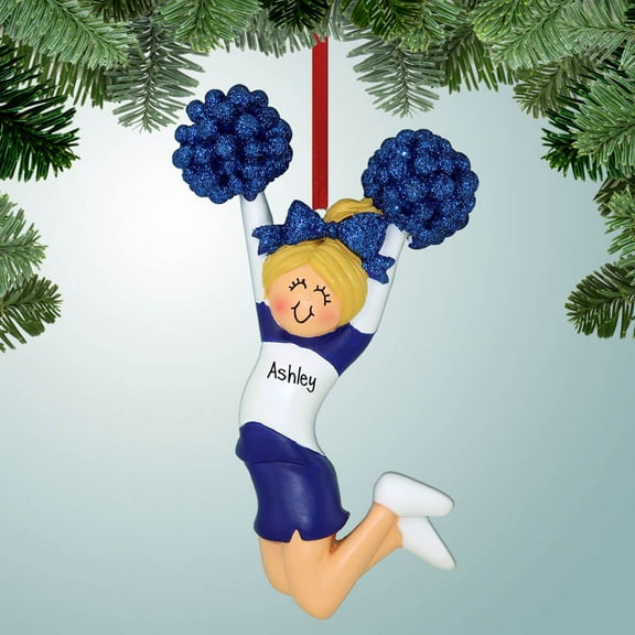 Jumping Cheerleader Blue - Blonde Hair Christmas Ornament - Cheer Squad - Drill Team - Dancers - High School