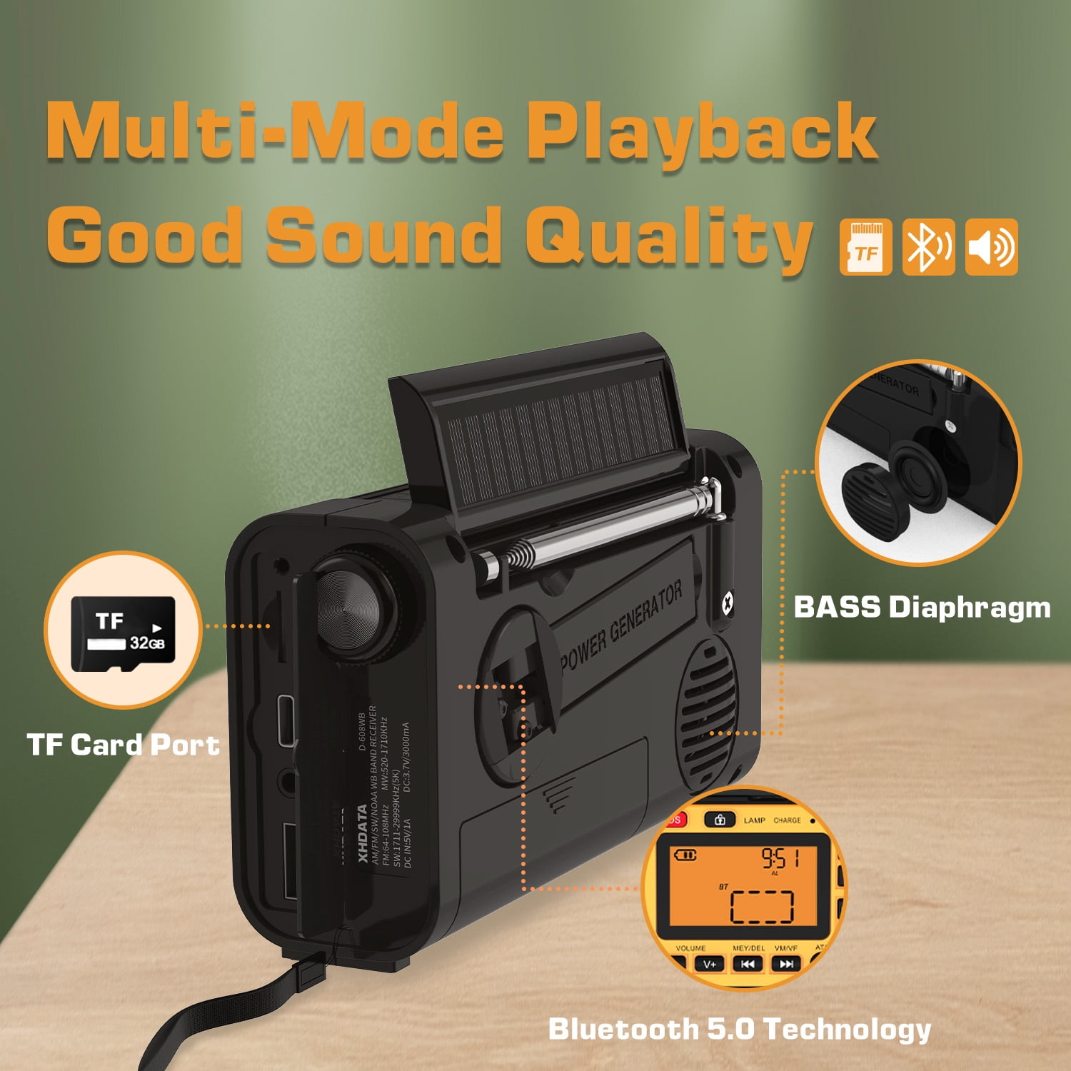 XHDATA D608WB - Emergency Weather Hand Crank Radio FM/AM/SW/NOAA Alert Portable, Bluetooth MP3, USB/Solar/Hand Crank Charging, Flashlight, Reading Lamp and SOS Alarm