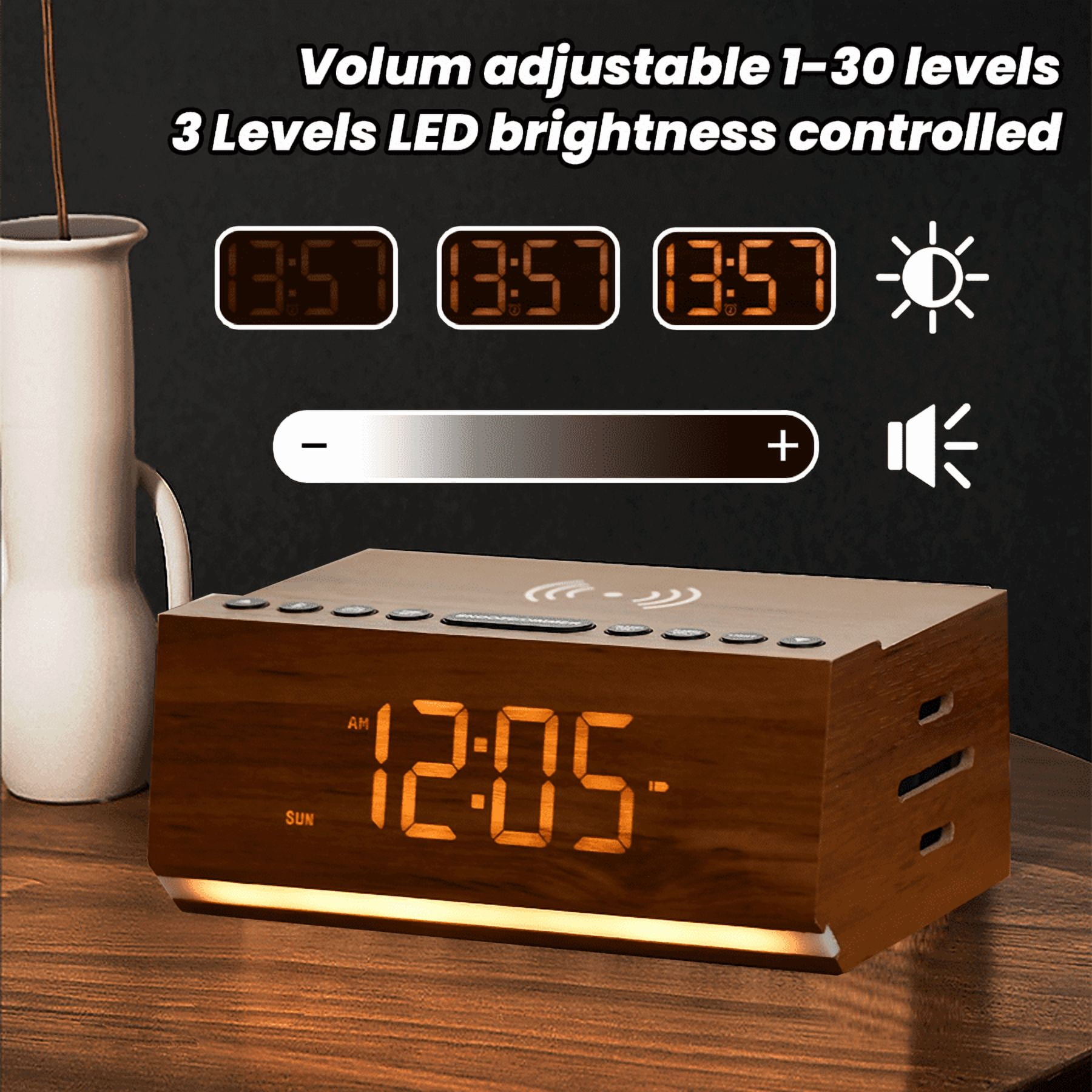 Party Atmosphere Assistant Wood Grain Display Bluetooth Speaker – FM Radio & Bluetooth Alarm Clock, Wireless Phone & USB Charging, Built-in Power System for Long Use During Outages