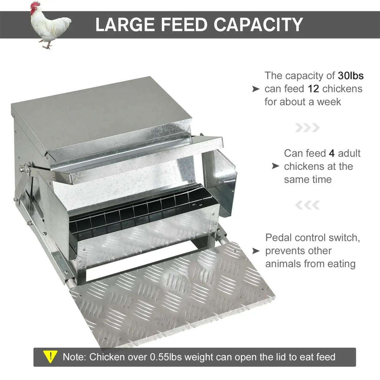 Kadyn Outdoor Automatic Metal Chicken Feeder, Poultry Feeder with Protective Lid for Chickens, Bantams, Pheasants, Holds 30 lbs of Feed, Silver